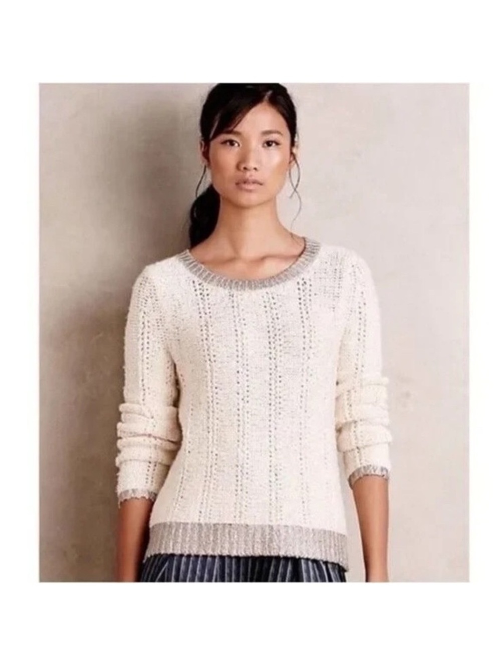 Anthropologie Moth Wool Blend Cream & Silver Knit Sweater Women’s Medium